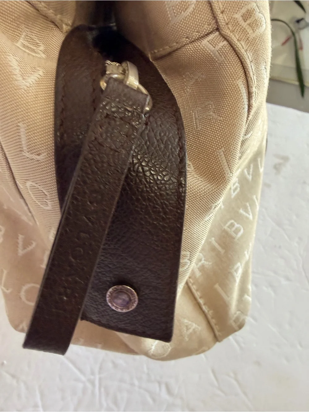 Bulgari Beige Logo Shoulder Bag with Brown Trim and Lilac Interior
